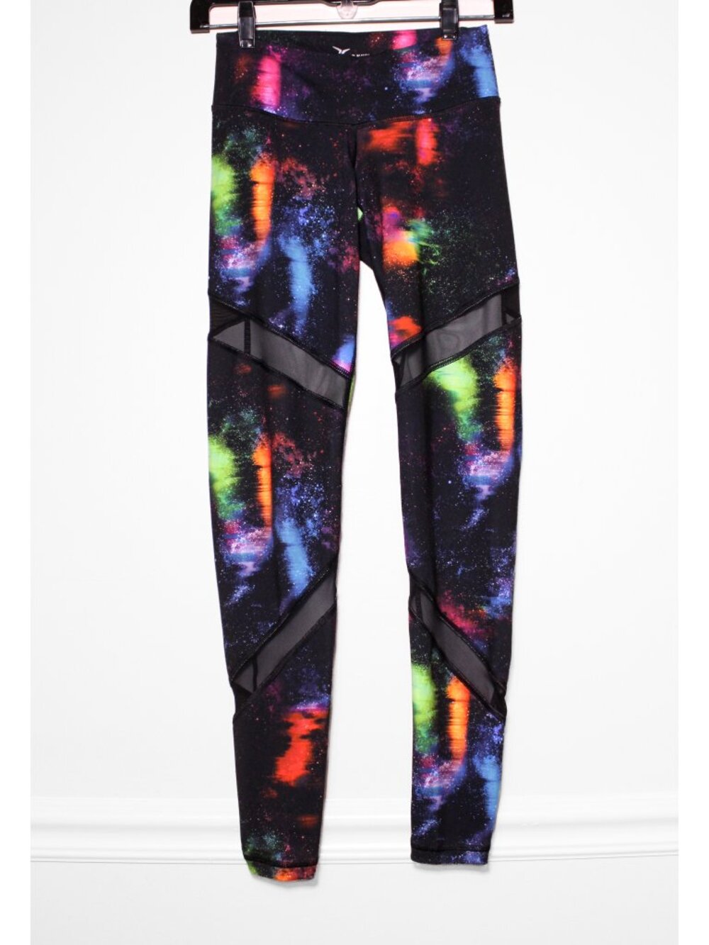 Old Navy Black Mesh Panel Neon Galaxy Print Leggings Activewear Athleisure XS